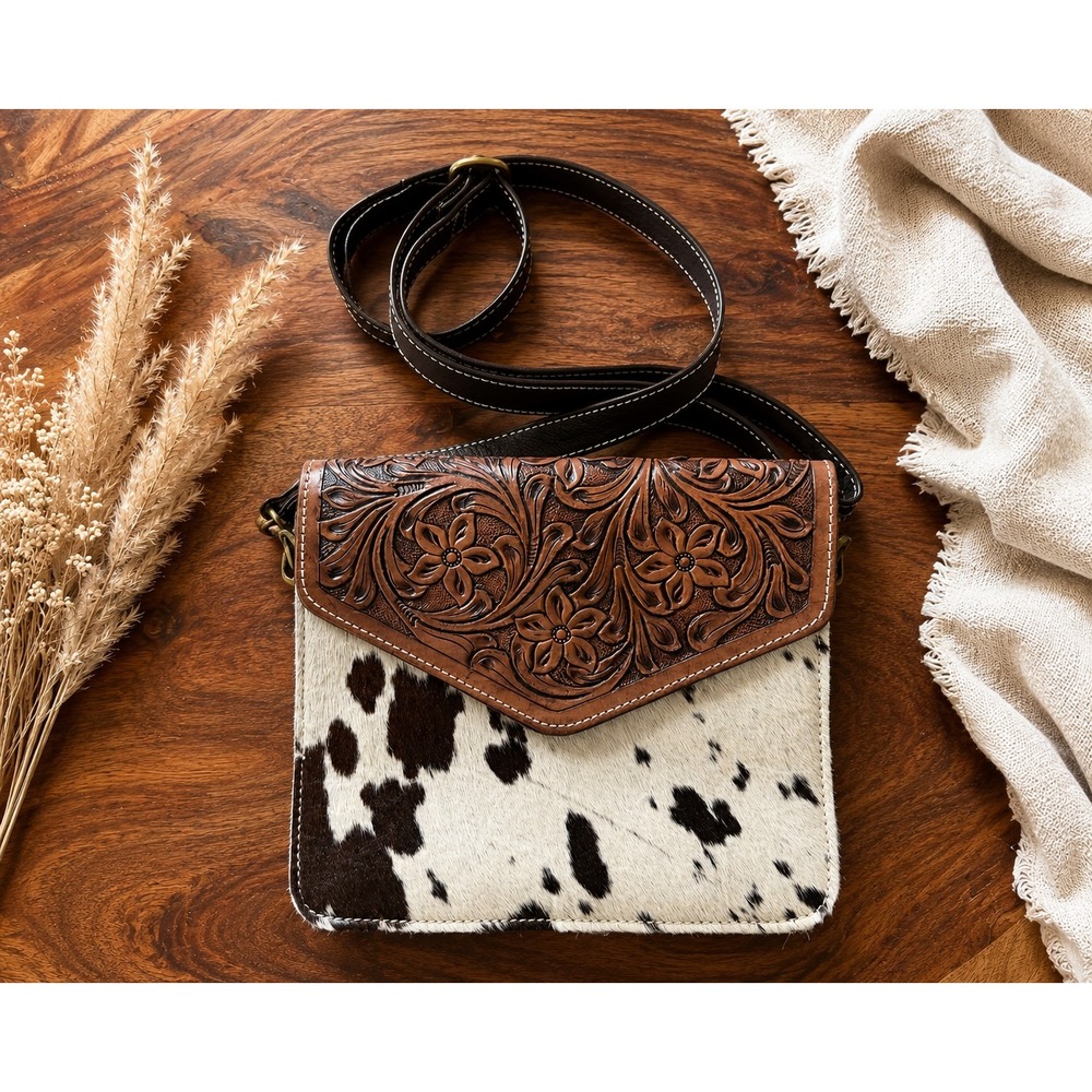 Western Cowhide Tooled Floral Leather Crossbody Bag Brown White Handbag